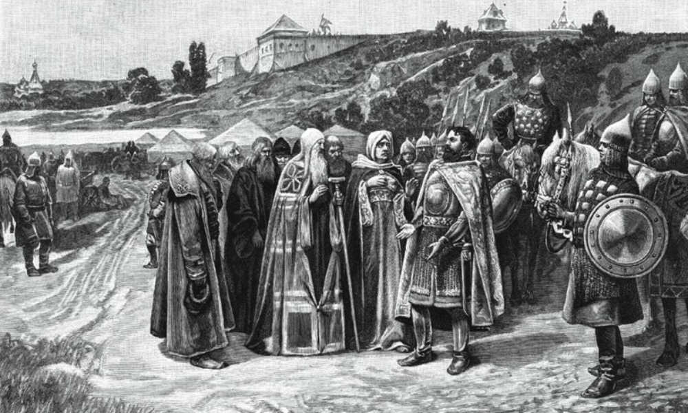 Владимир Мономах, пришедший в Киев, чтоб наказать Святополка, выслушивает моления митрополита Киевского и мачехи своей.